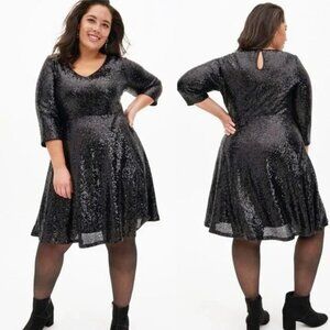Torrid Mini Sequins Skater Dress Black Sz 1X Fit Flare Cocktail Party